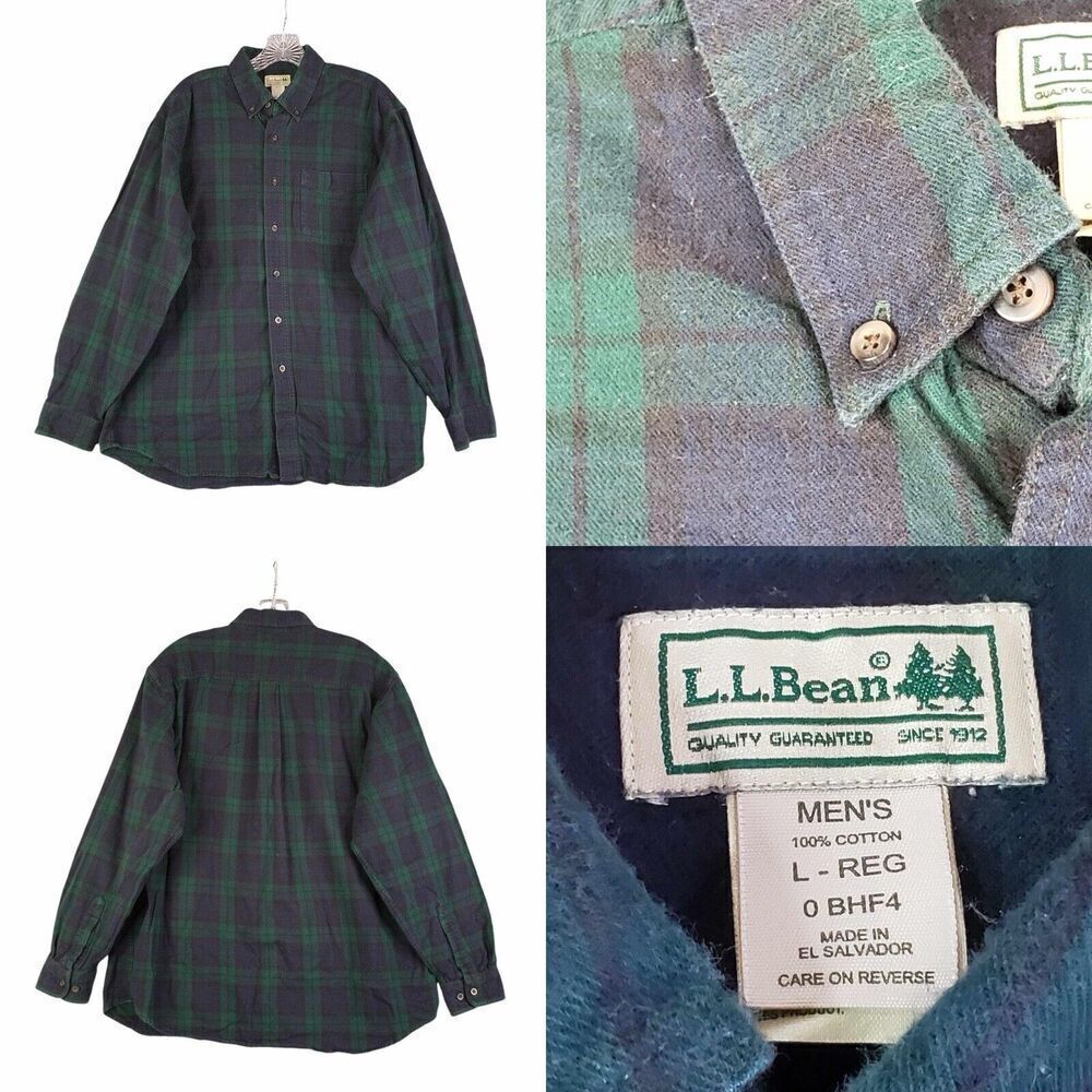 LL Bean Shirt Mens Green Blue Plaid Flannel LS Button Down Size Large L